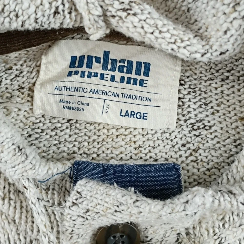 Urban Pipeline Knit Hoodie Sweater Mens Large Oatmeal Henley Pullover YU73S180R